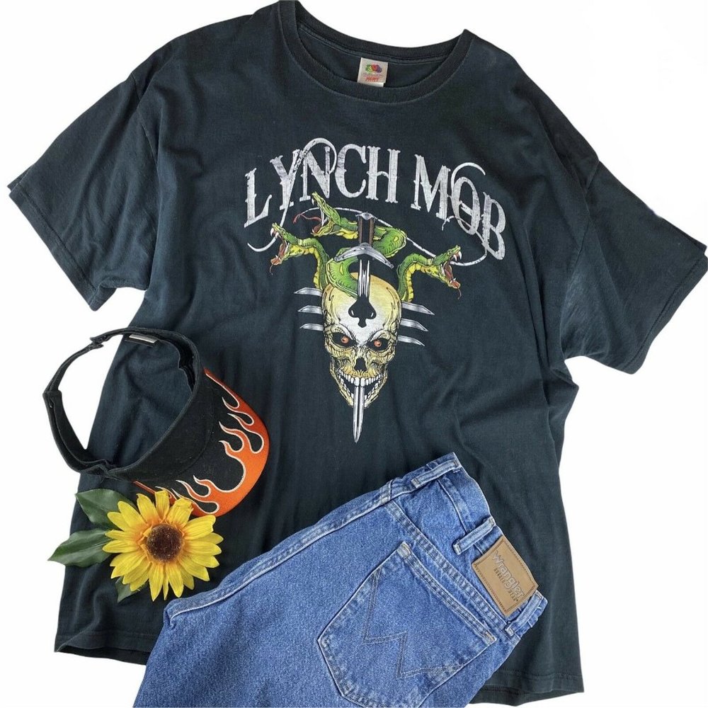 VTG 80s Lynch Mob Tour T Shirt Size 2XL Black Crew Neck Rock Band Skull Metal